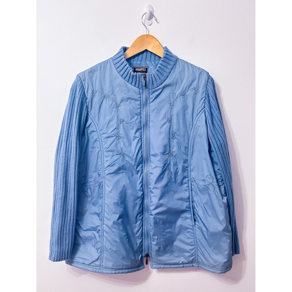 MAGNIFICA Blue Embroidered Full Zip Knit Sleeve Lightweight Jacket Size 1X